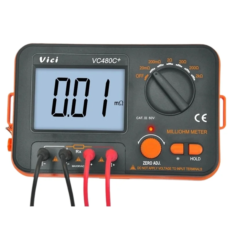 Vici VC480C+ SMQ/CNAS مقياس ميلي أوم رقمي معاير، 0.01 م أوم-2 كيلو أوم 4 أسلاك مع إضاءة خلفية وحامل بيانات (CAT III 50 فولت)