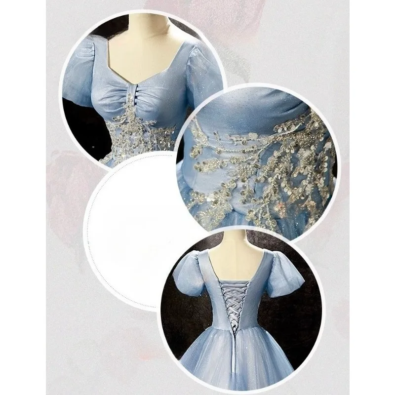 فستان سهرة نسائي جديد موديل 2026 بياقة مربعة وأكمام قصيرة أنيق ورفيع وأنيق وحزام خلفي وتنورة منتفخة