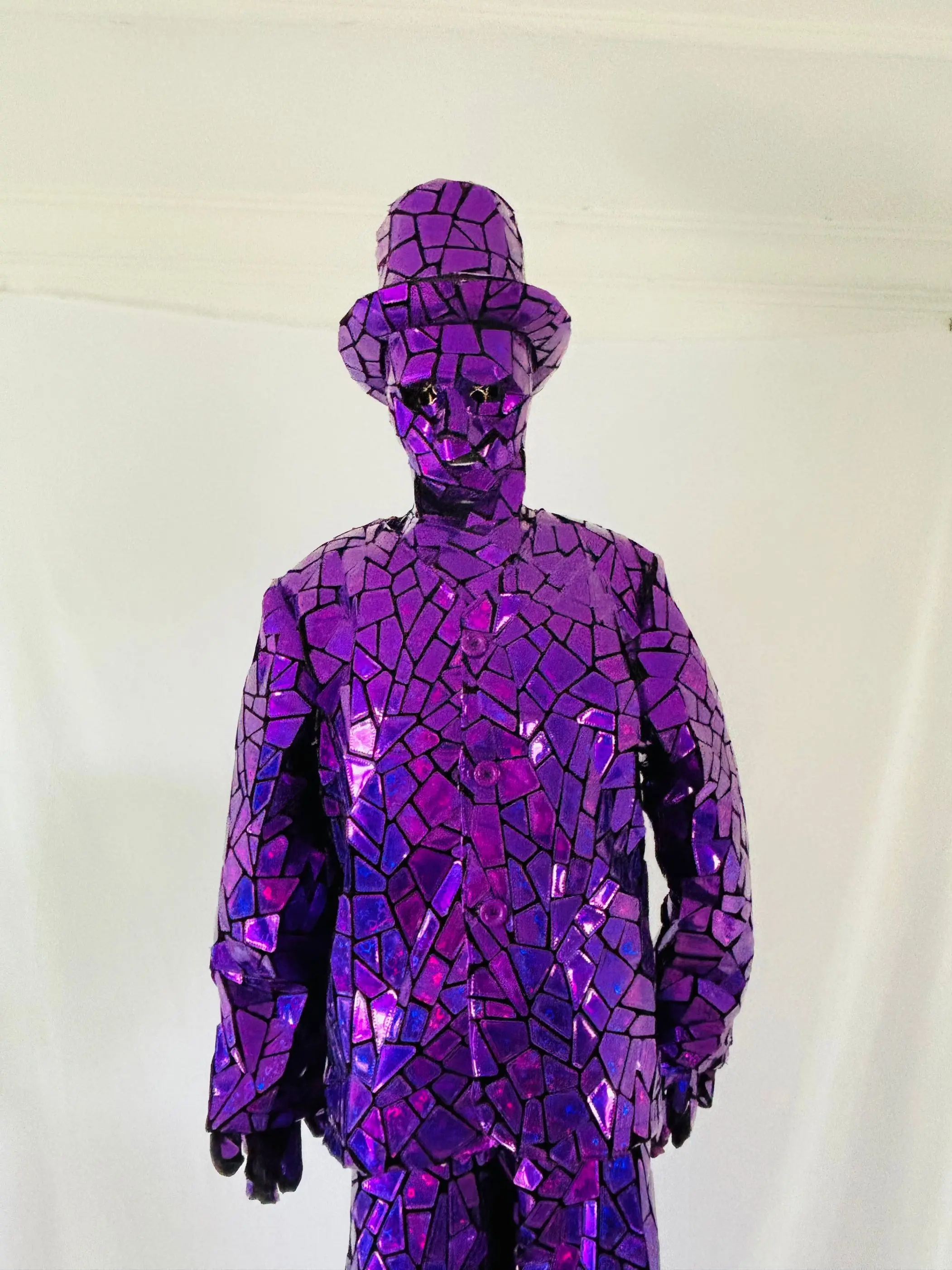 

Metallic Purple Similiar Mirror Material Stilts Walker Robot Suit Costume Clothes Stage Show DJ Dancing Kryoman Giant Clothing
