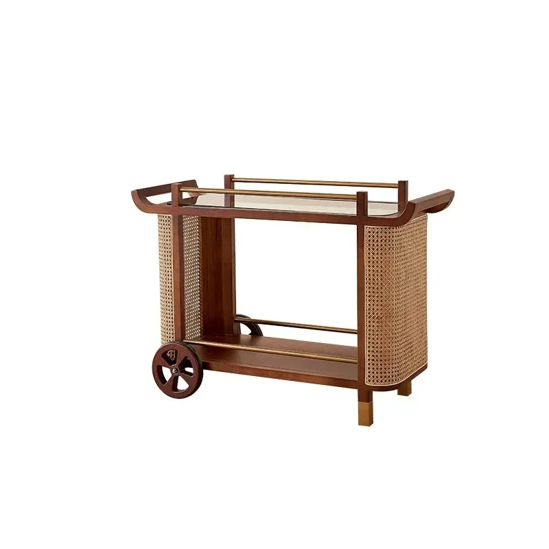 

French medieval style cart side few living room sofa side movable dining car solid wood double shelf