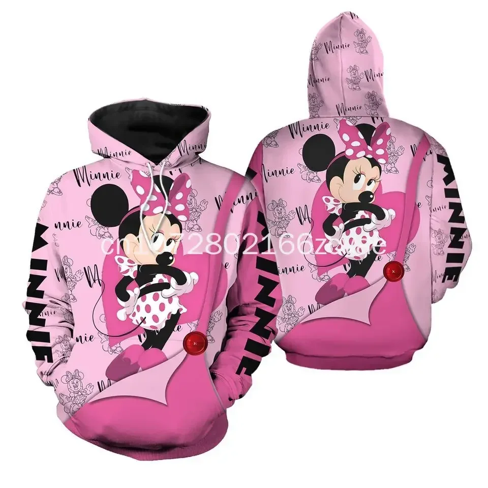 Homens e Mulheres Disney Minnie Mouse Hoodie, Impressão 3D, Moda Casual, Camisa Esportiva de Rua, Personalizado, Y2k Infantil