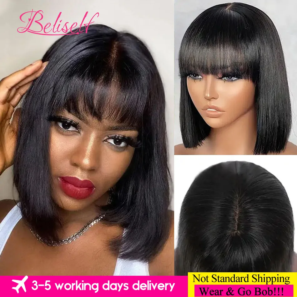 Fake Natural Scalp Short Bob Wig with Bangs Bone Straight Bob Wig 180% Density Human Hair Wig for Black Women