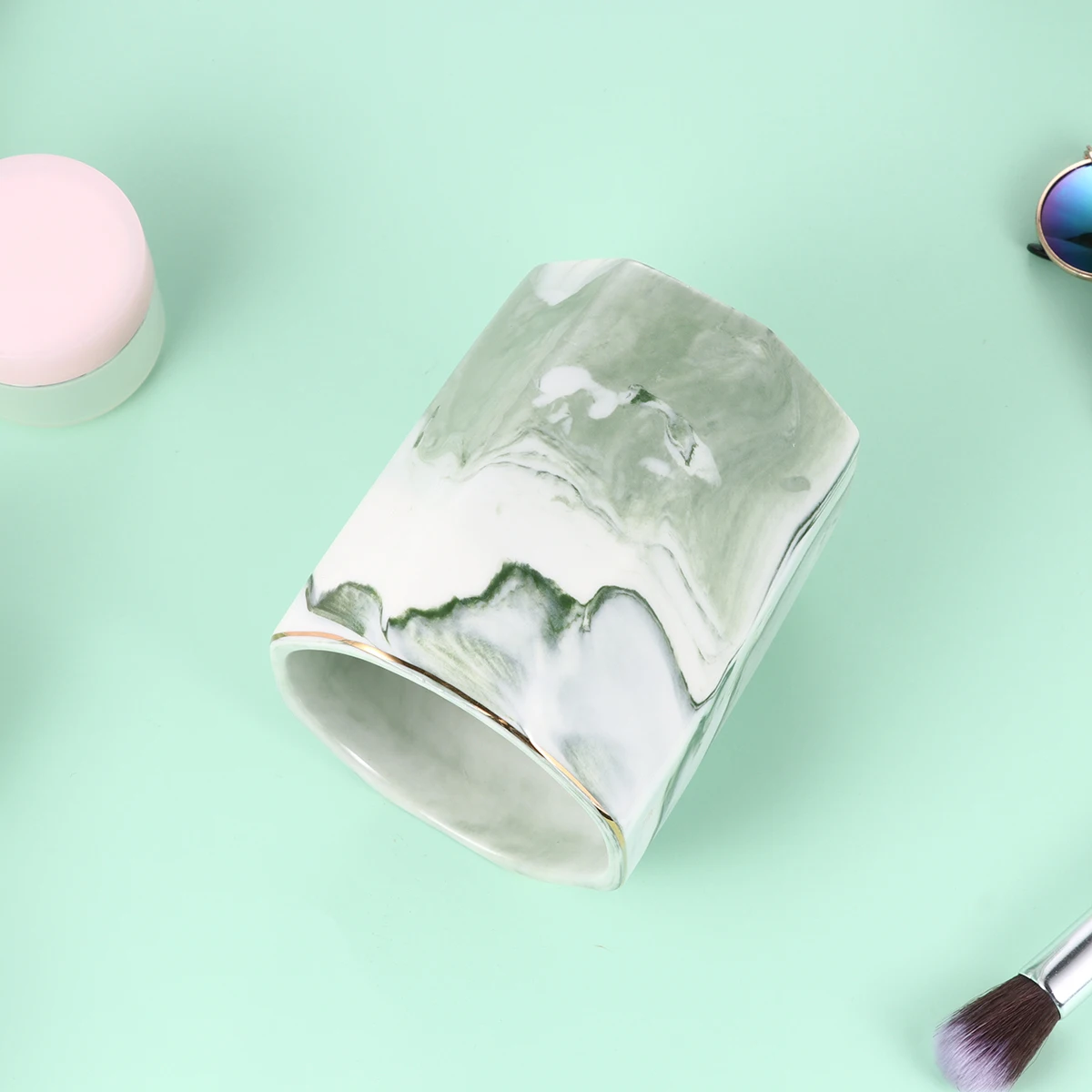 

Aesthetic Marbling -Edged Ceramic Pen Holder Green Desktop Organizer for Makeup Brushes Pencils Stylish Gift