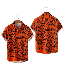 Casual Halloween Shirts for Men Bats Print Shirts Orange Short Sleeve Summer Beach Vacation Tops Breathable