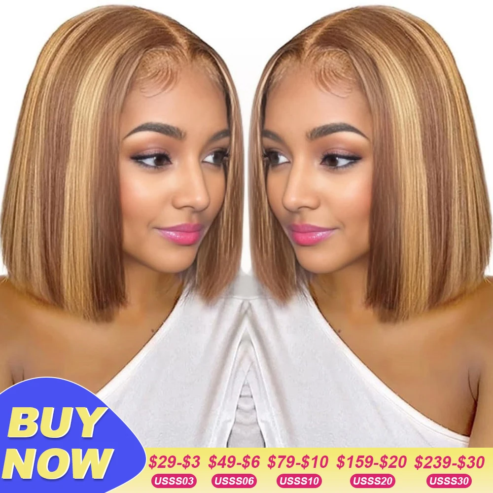 6x4 Pre Cut Lace Highlight Wig Human Hair Honey Blonde Ombre Lace Front Wig Straight Color Real Hair Wigs for Women Pre Plucked