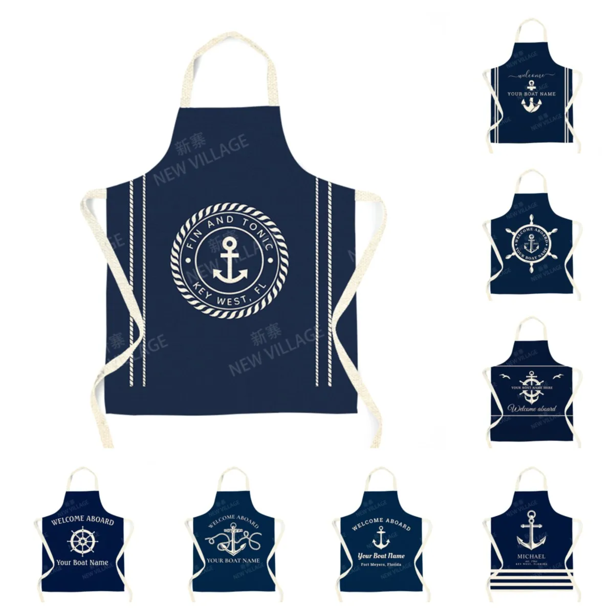 Custom Nautical Linen Apron Personalized Boat Name Anchor Design Kitchen Cooking Adjustable Bib Durable Fabric for Men Women