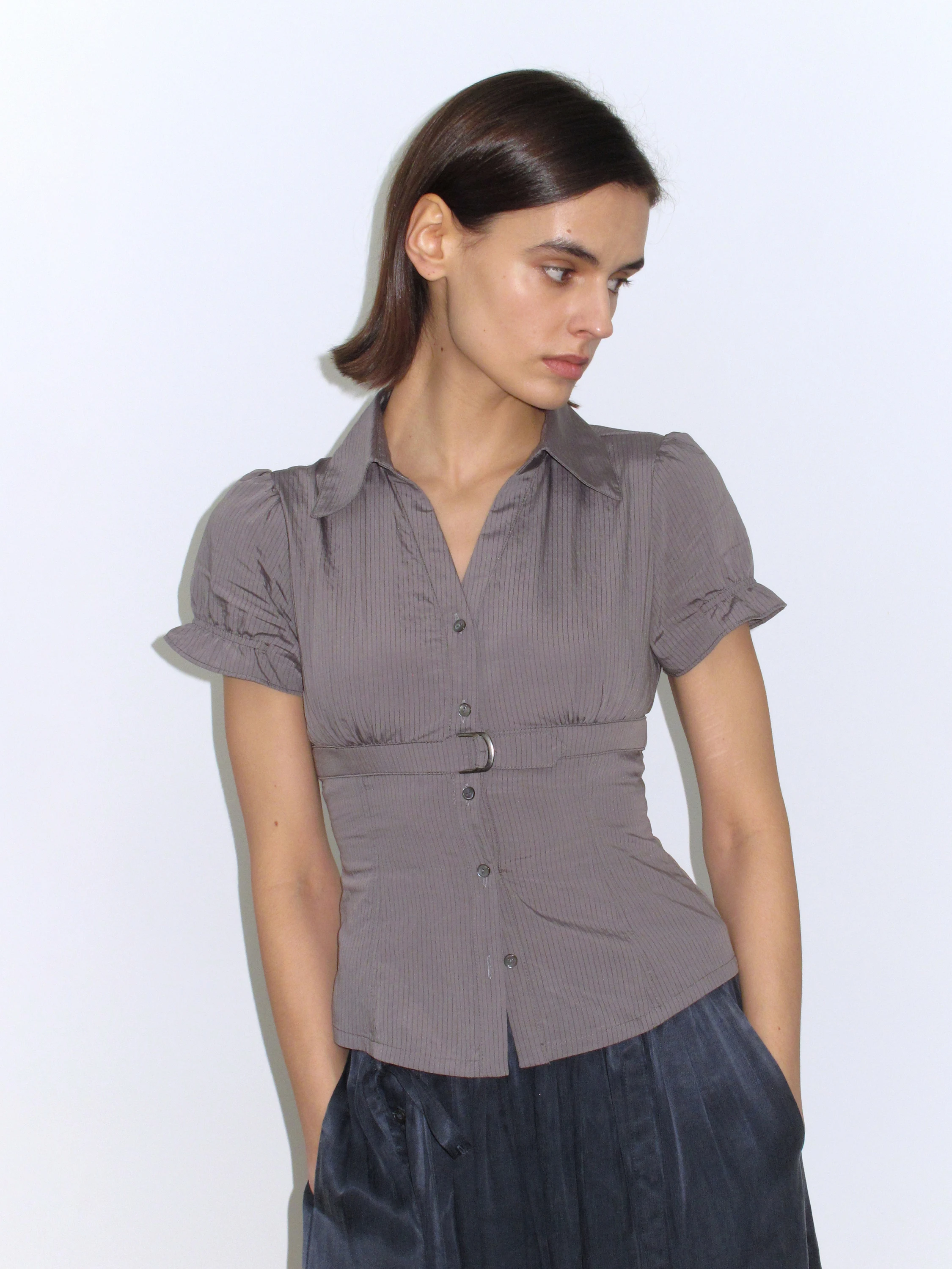 

Slim Fit V-Ne ort Sve irt k Stripe Bubble Sve Waist Cinching Casual Women's Faion Commute Sle irt