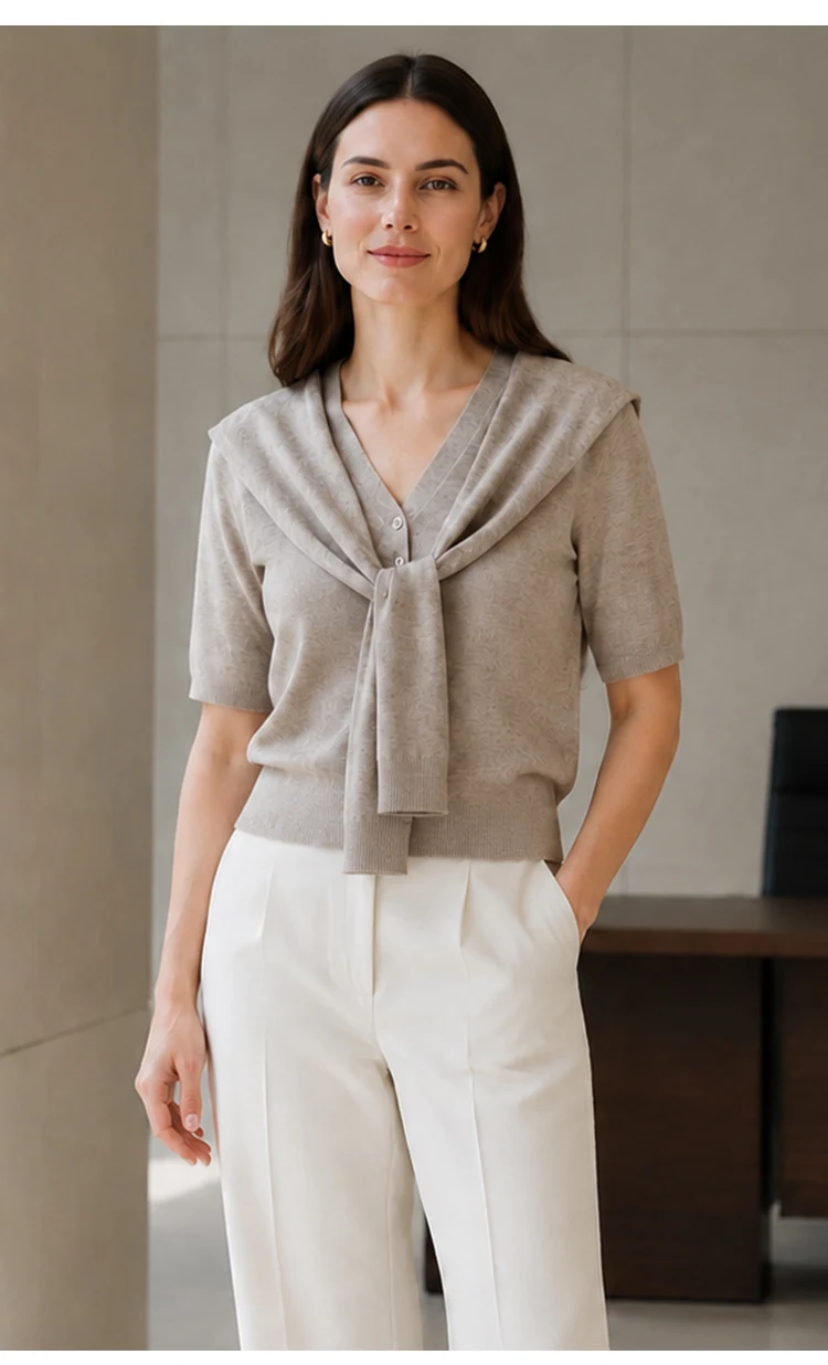 MZ62082 Damen-Strickjacke mit Schalkragen, kurzen Ärmeln, V-Ausschnitt, weicher, einfarbiger Modal-Mischstoff, lässiger Pullover für den frühen Herbst – Detail 6