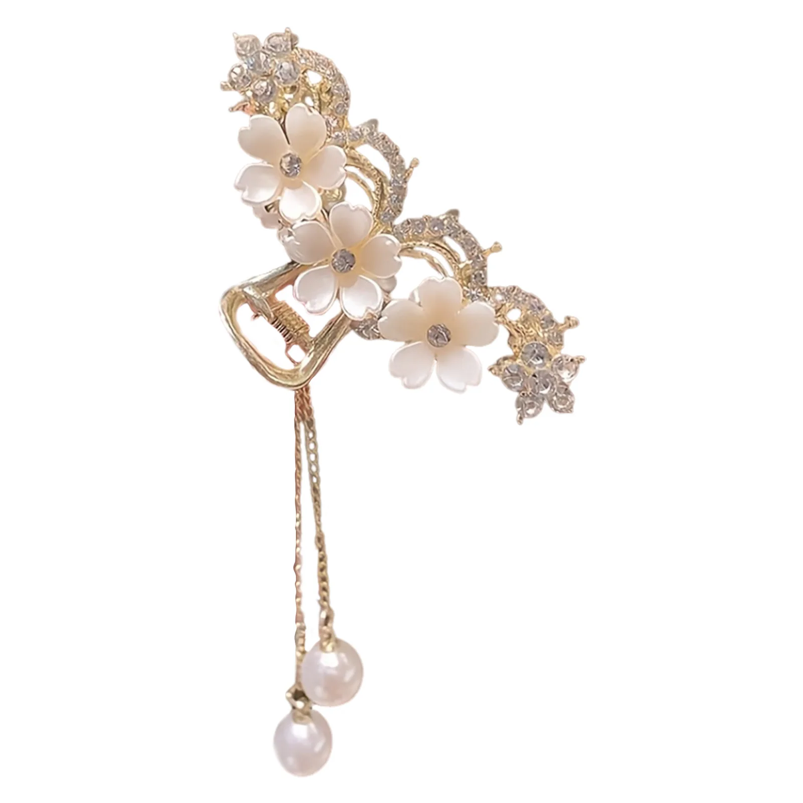 Modische Haarspange, elegante, exquisite Kristallblumen-Perlen-Quasten-Haarklammer für Damen und Mädchen, Party-Pferdeschwanz-Haaraccessoires – Detail 3