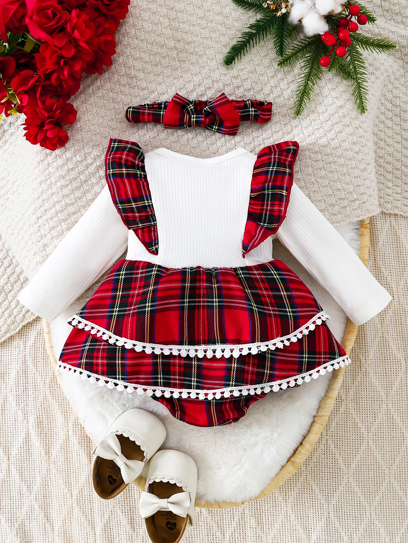 Baby Girl Autumn Winter Red Plaid Lace Bow Dress, Exquisite Christmas Red Plaid Dress, Baby Girl Sweet Fashion Double Layer Dress