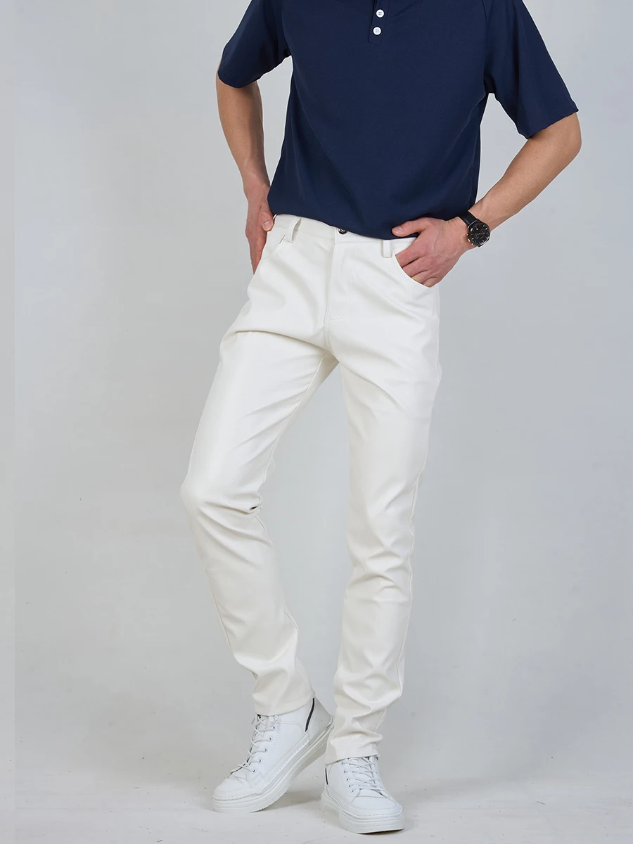 

Spring and summer comfortable lightweight white slim fit men's leather pants