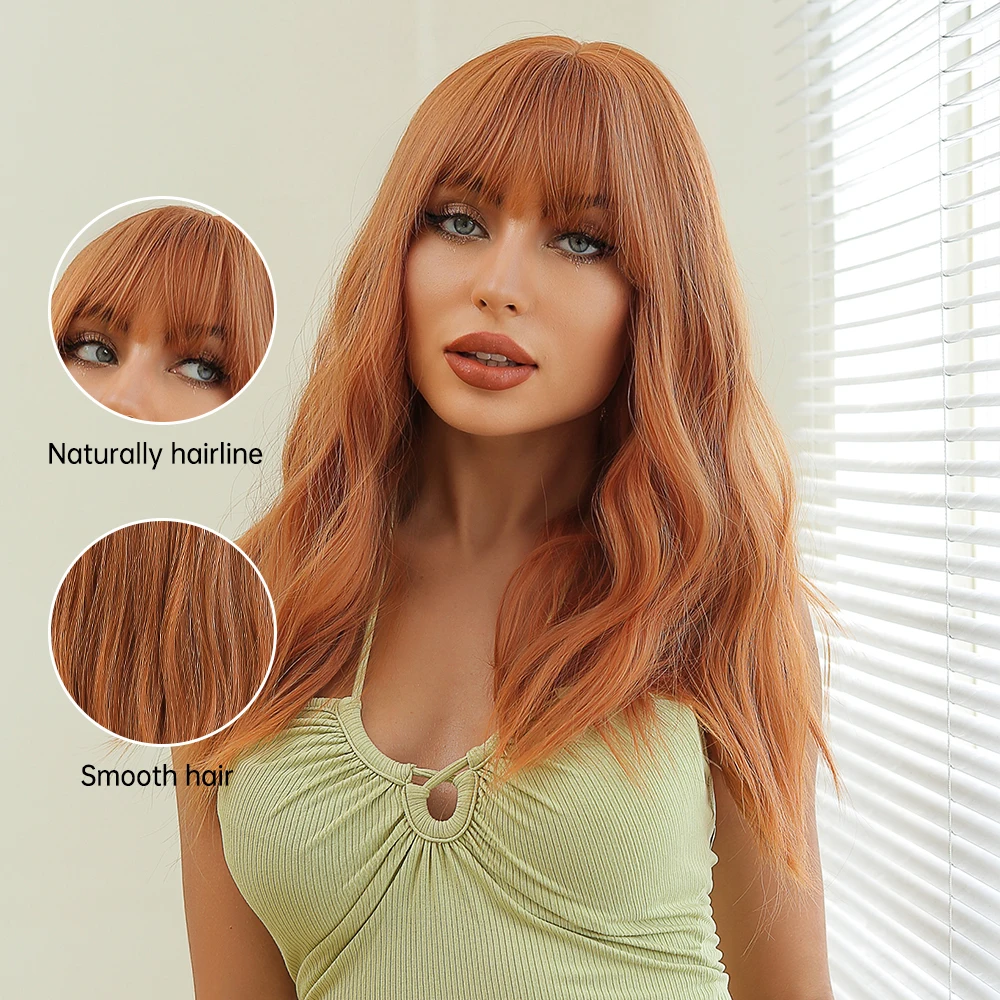 LOUIS FERRE Orange Body Wave Synthetic Wigs With Bangs Long Copper Curly Hair Wig Colorful Cosplay Costume Heat Resistant Fiber