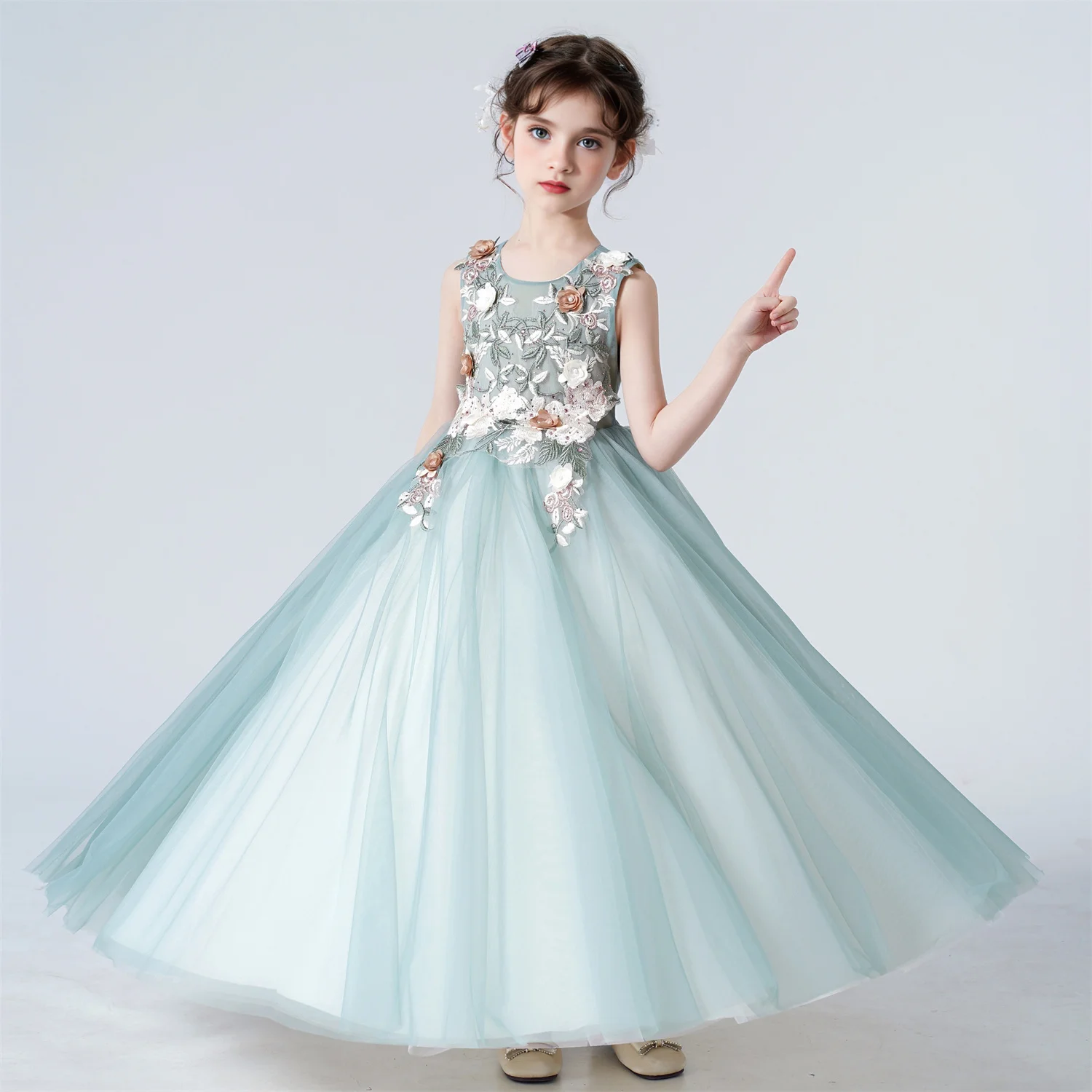 Children\'s Girls Dresses For Eid Luxury Party Princess Dress 4-12 Years Old Kids Girl Long Dress Robe Tulle Green Clothing