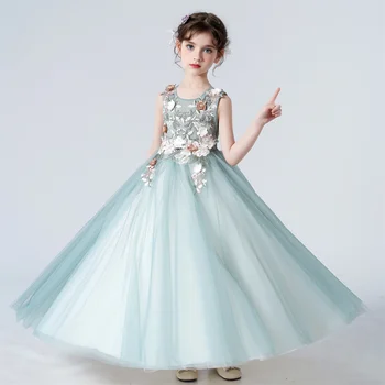 Girls Green Eid Princess Tulle Dress 5 Children's Girls Dresses For Eid Luxury Party Princess Dress 4-12 Years Old Kids Girl Long Dress Robe Tulle Green Clothing 5