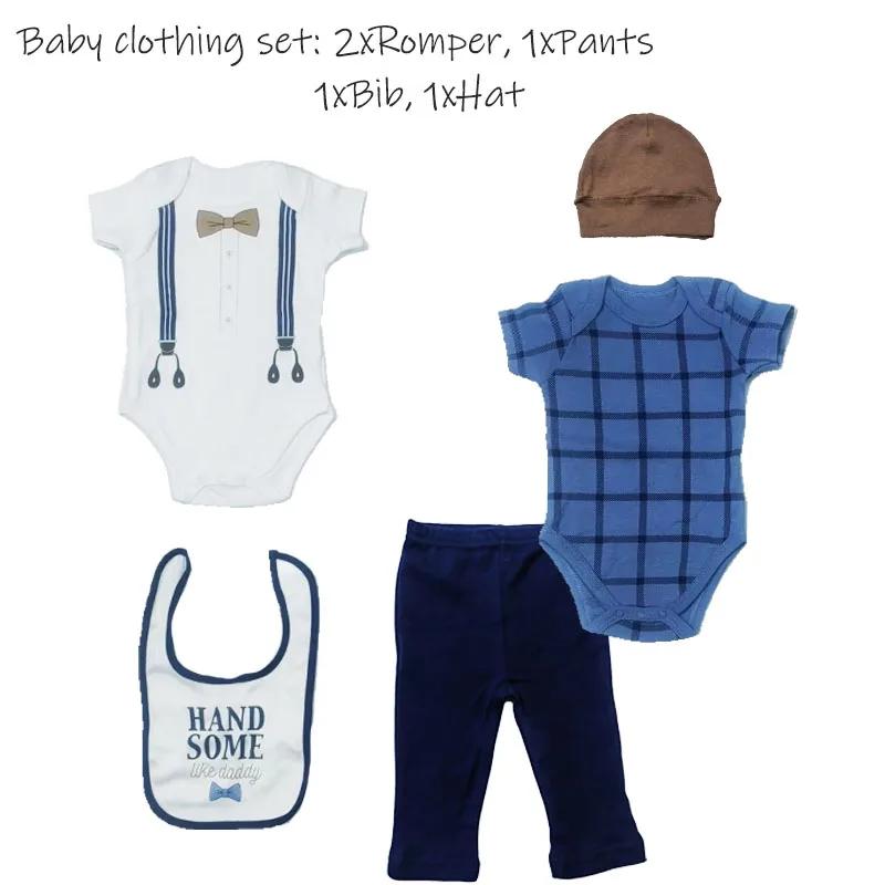 

5 шт., одежда для новорожденных, комбинезон с мультяшным принтом + штаны + полотенце со слюной + шапка/повязка для волос, подарочный набор для рождения ребенка, От 0 до 6 месяцев