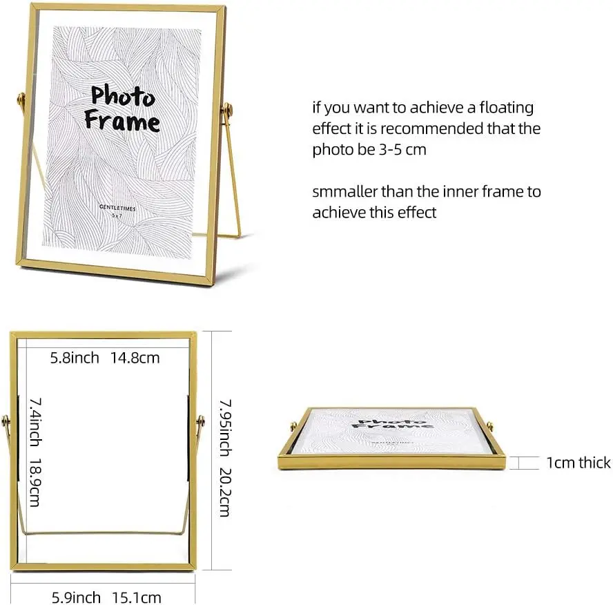 AceList Metal Picture Frames, Set of 3 Ornate Minimal Floating Edge Clear Glass Table Top Easel Stand Photo Frames in Gold,5 x 7