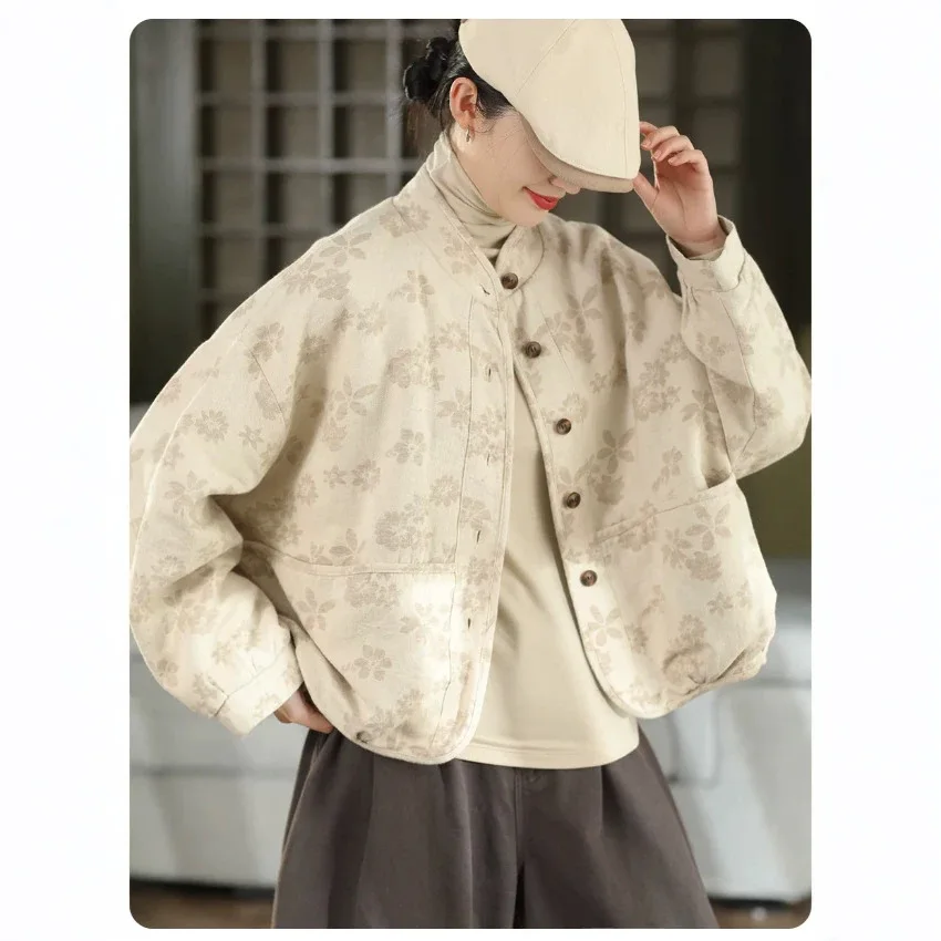 Women Spring Fall Vintage 100% Linen Jacquard Double Layer Jacket Artistic Single Breast Cozy Versatile Comfort Layering Coats