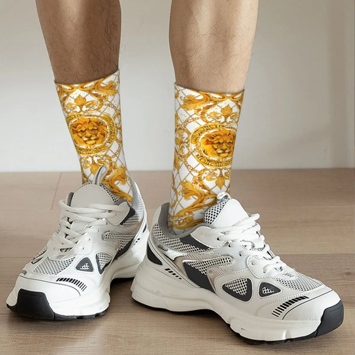 Colorful Golden Lion And Damask Ornament Soccer Socks Polyester Middle Tube Socks for Women Men