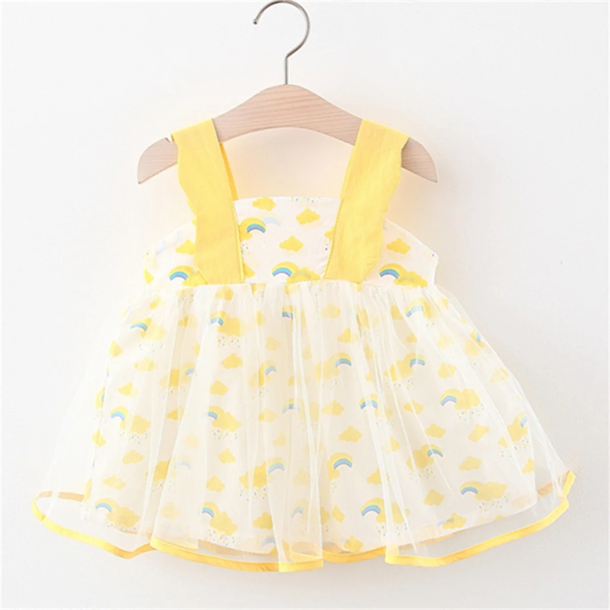 Baby Girl Summer Dress Sweet Rainbow Cloud Print Mesh Sling Princess Dress Suitable for 0-3 Years Old