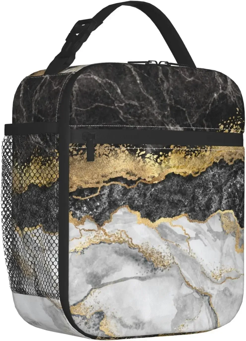

Мраморная текстура, черный, серый, золотой, абстрактная изолированная сумка для обеда, портативный многоразовый ланч-бокс на молнии для мужчин и женщин, работа, пикник, путешествия
