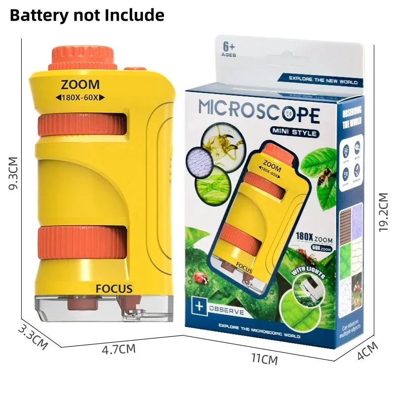Jouet scientifique pour enfants, mini microscope portable, zoom 60x-180x avec lumière LED, loupe