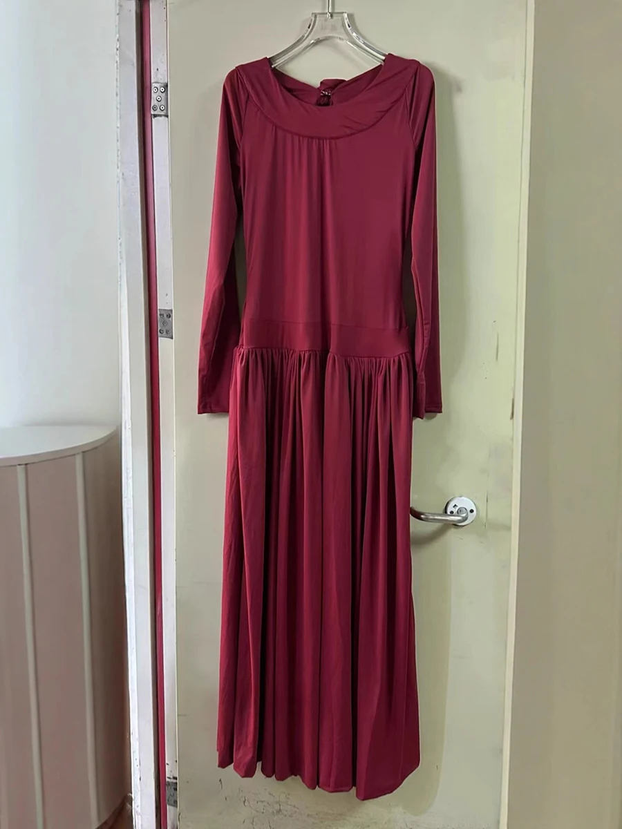 VGH-Vestido largo con encaje empalmado y espalda descubierta para mujer, vestidos de noche plisados con temperamento de cintura alta y manga larga con cuello redondo, novedad