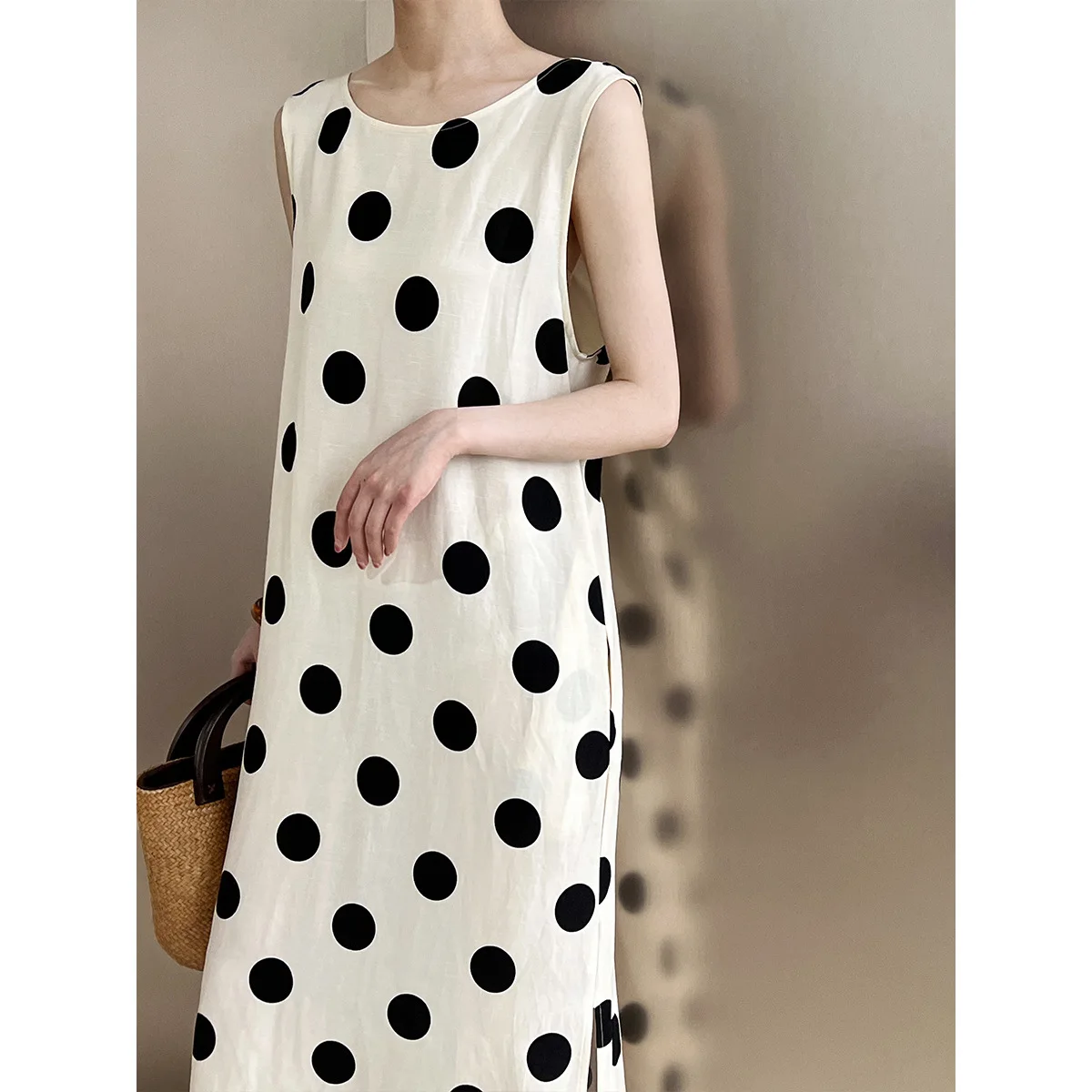 

Linen dress, backless drawstring polka dot dress, Korean sleeveless vest dress, simple and fashionable summer women's clothing