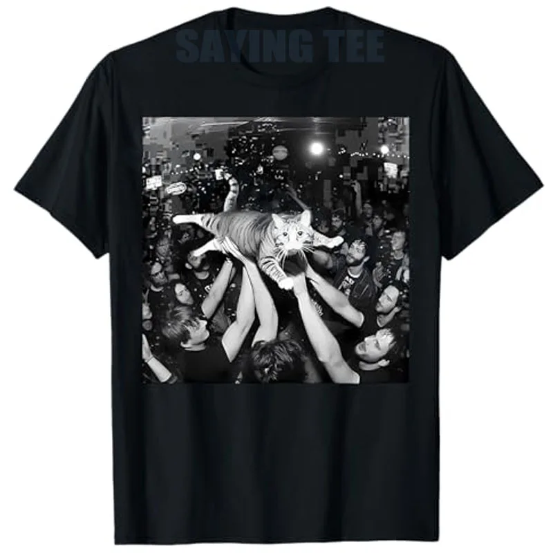 

Funny Rock Show Cat Meme Cute Tabby Kitten Crowd Surfing T-Shirt Humor Kitty Star Y2k Streetwear Clothes Rap Hip Hop Saying Tee