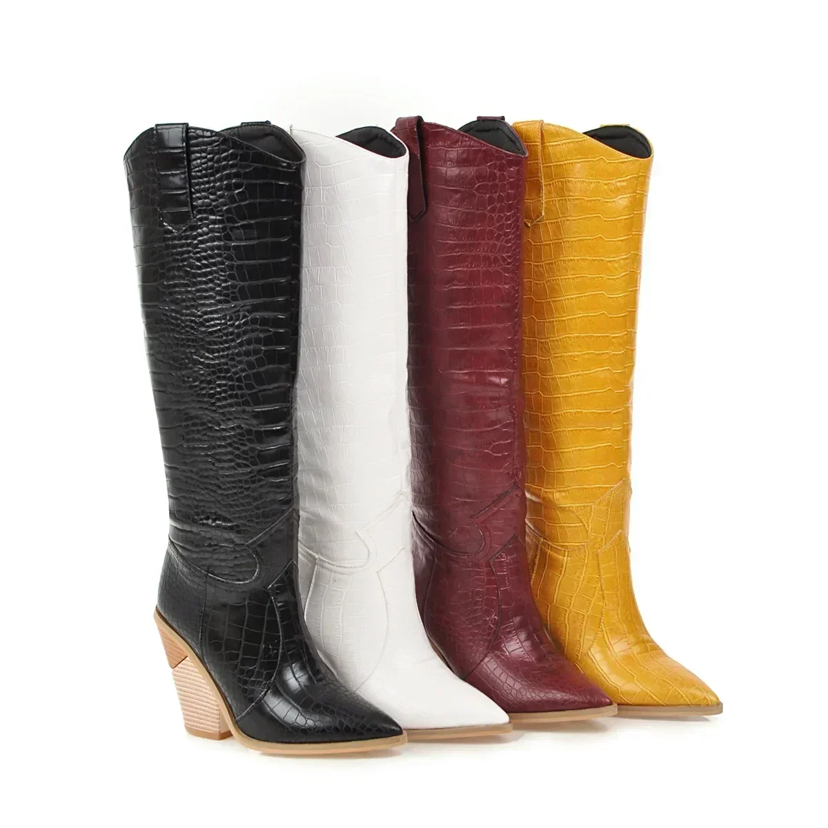 Winter Western Women Knee High Boots Black Yellow Black Crocodile Leather Pointed Toe Wedge Heels Lady Cowgirl Plush Long Boots