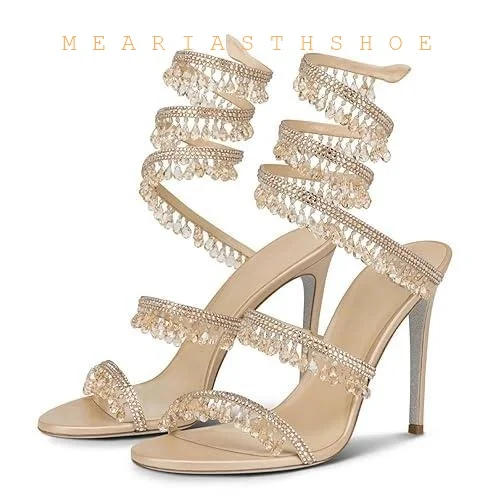 

2026 Women's New Water Diamond Sandals Fashion Tassel Crystal Shoes Sexy Banquet Party Twin Stiletto Women's Large 42 Sandals