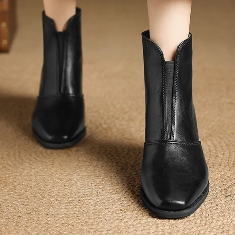 Square Toe Chunky Heel Short Boots for Women French Style 2025 Autumn New Leather Waterproof Temperament Outdoor Chelsea Boots