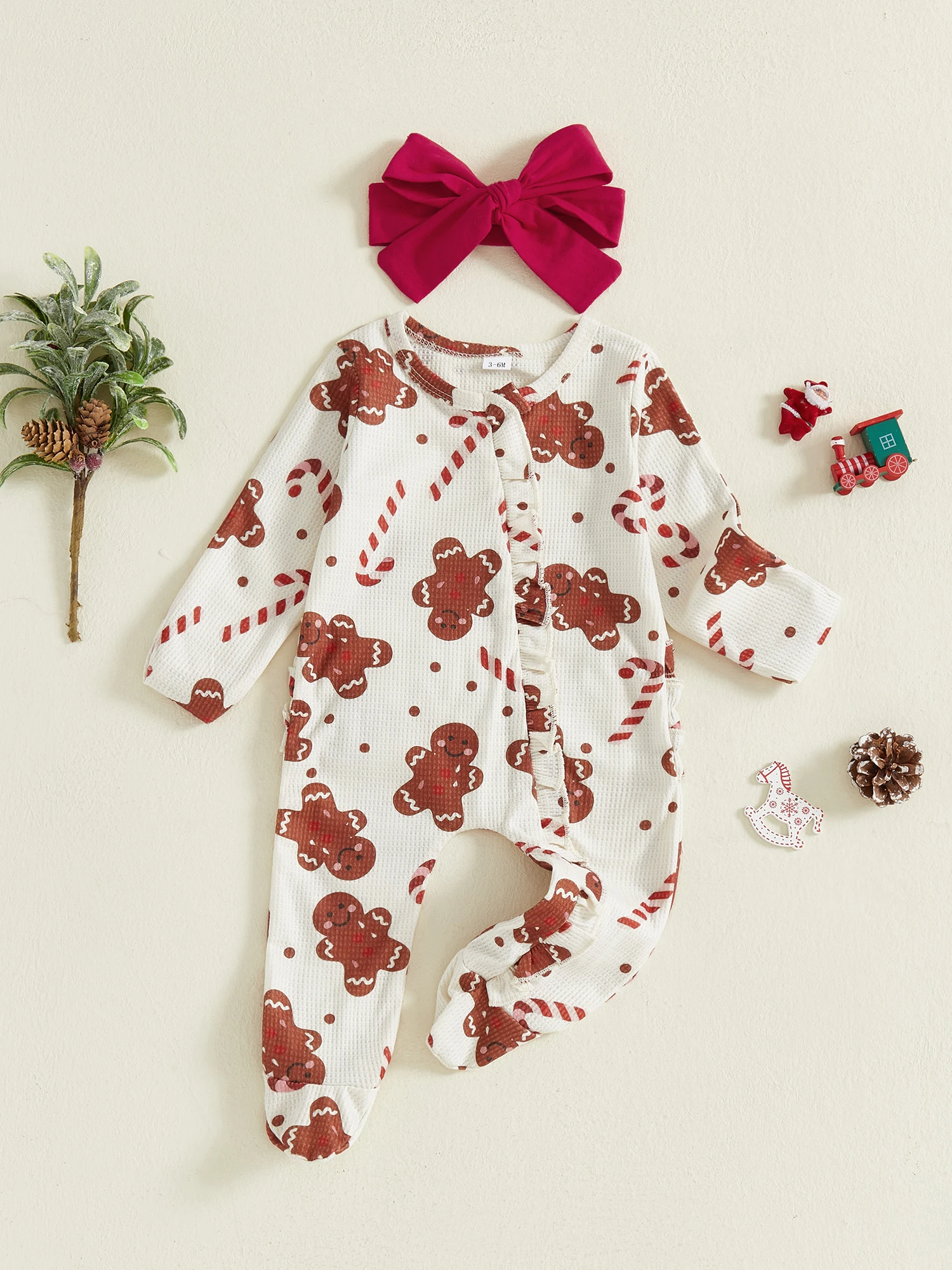 

Baby Boy Christmas Romper Santa Claus Print Long Sleeve Zip Up Footed Jumpsuit with Hat and Socks Set for Winter Festivities