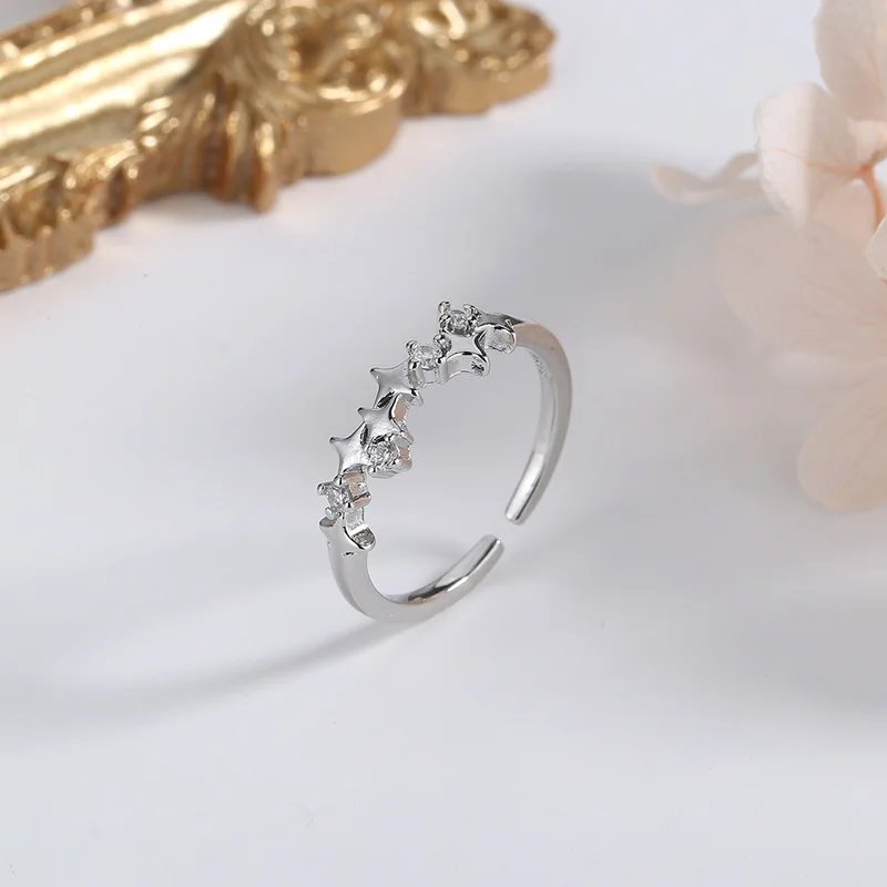 PANJBJ 925 Sterling Silber Vierzackiger Stern Glänzender Zirkon-Ring Hochwertiger Personalisierter Verstellbarer Schmuck – Detail 18