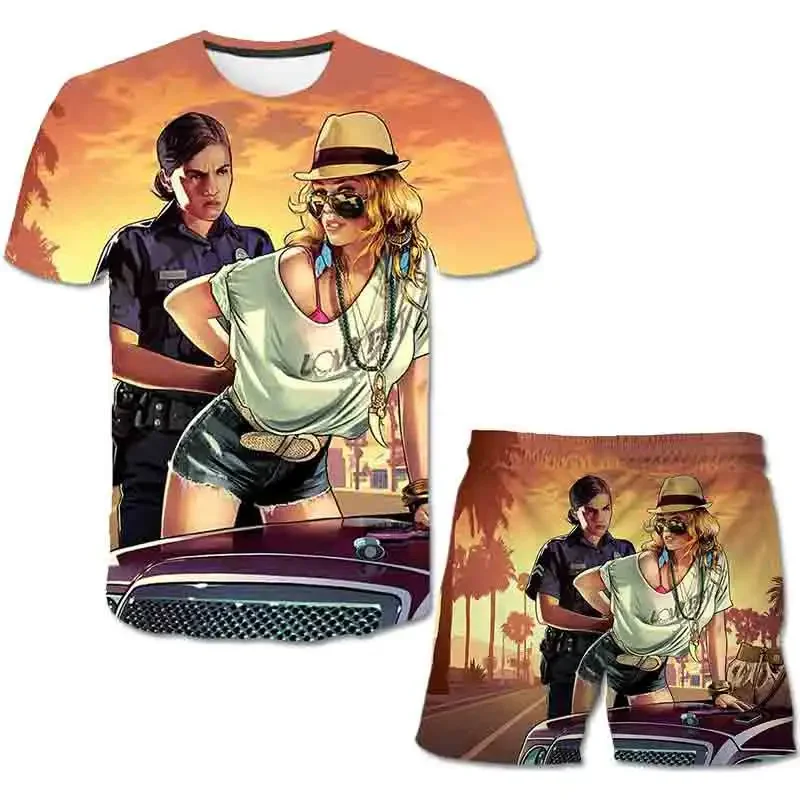 Two Pieces Girls Game GTA 5 Clothing Sets Summer T Shirt Sleeve Children Sets Fashion Girls Clothes Suits Casual Outfits