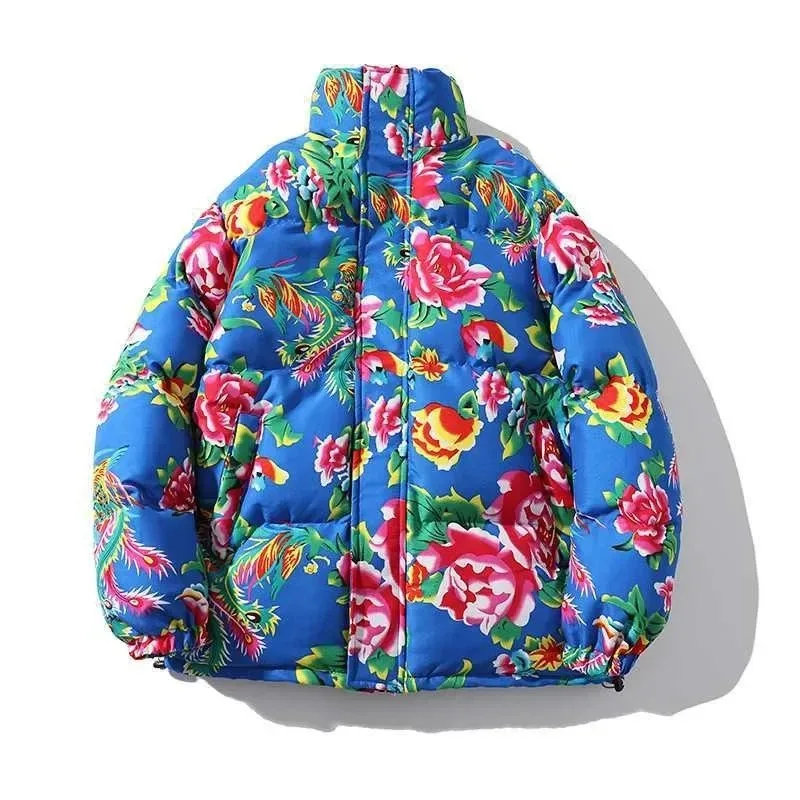 2024 New Chinese-Style Peony Cotton Padded Jacket Cotton Coat with Large Flower Pattern for Men and Women