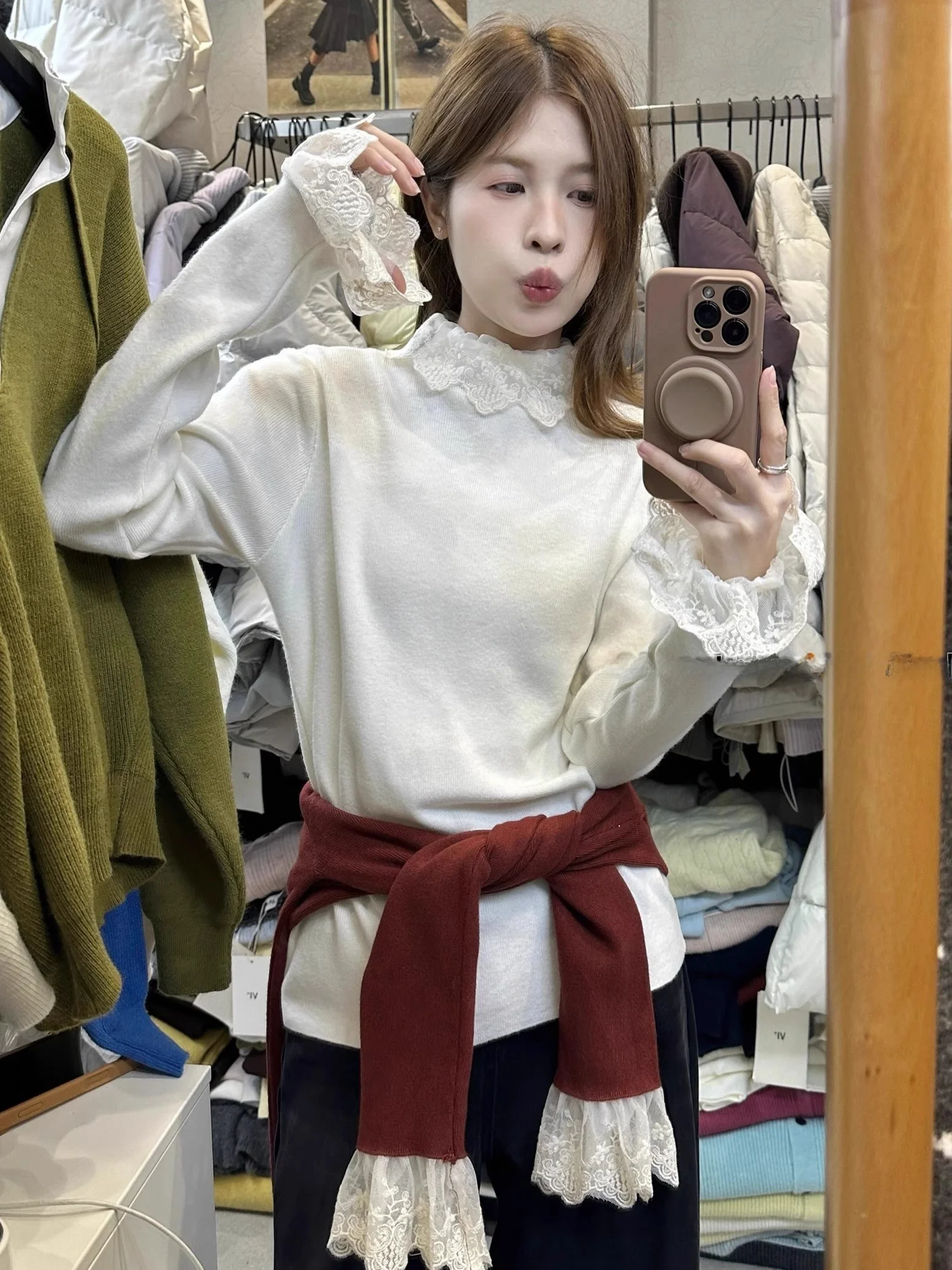 

Korean Sle Long Sve Knitted Sweater Women's Slim Fit Inner Wear Lace Trim f High Collar Soft Comfortable Autumn Winter