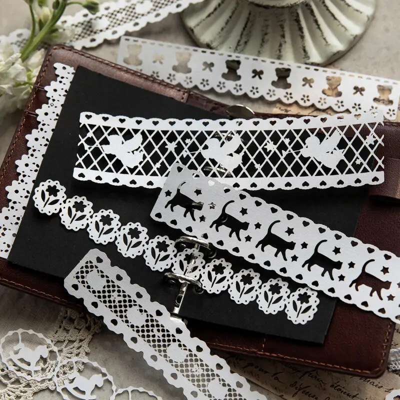 

Card Lover 10 Pcs [Lace Journey Series] Scrapbook Paper Textured Cardstock Star Thread Hollow Lace Journaling Decor Sticker Set