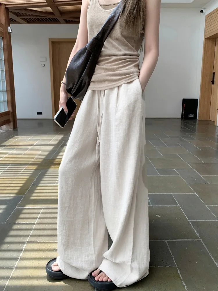 HOUZHOU Casual Wide Leg Linen Pants Woman Oversize Basic Female Palazzo Flax Trousers Old Money Style Baggy Korean Fashion Pants