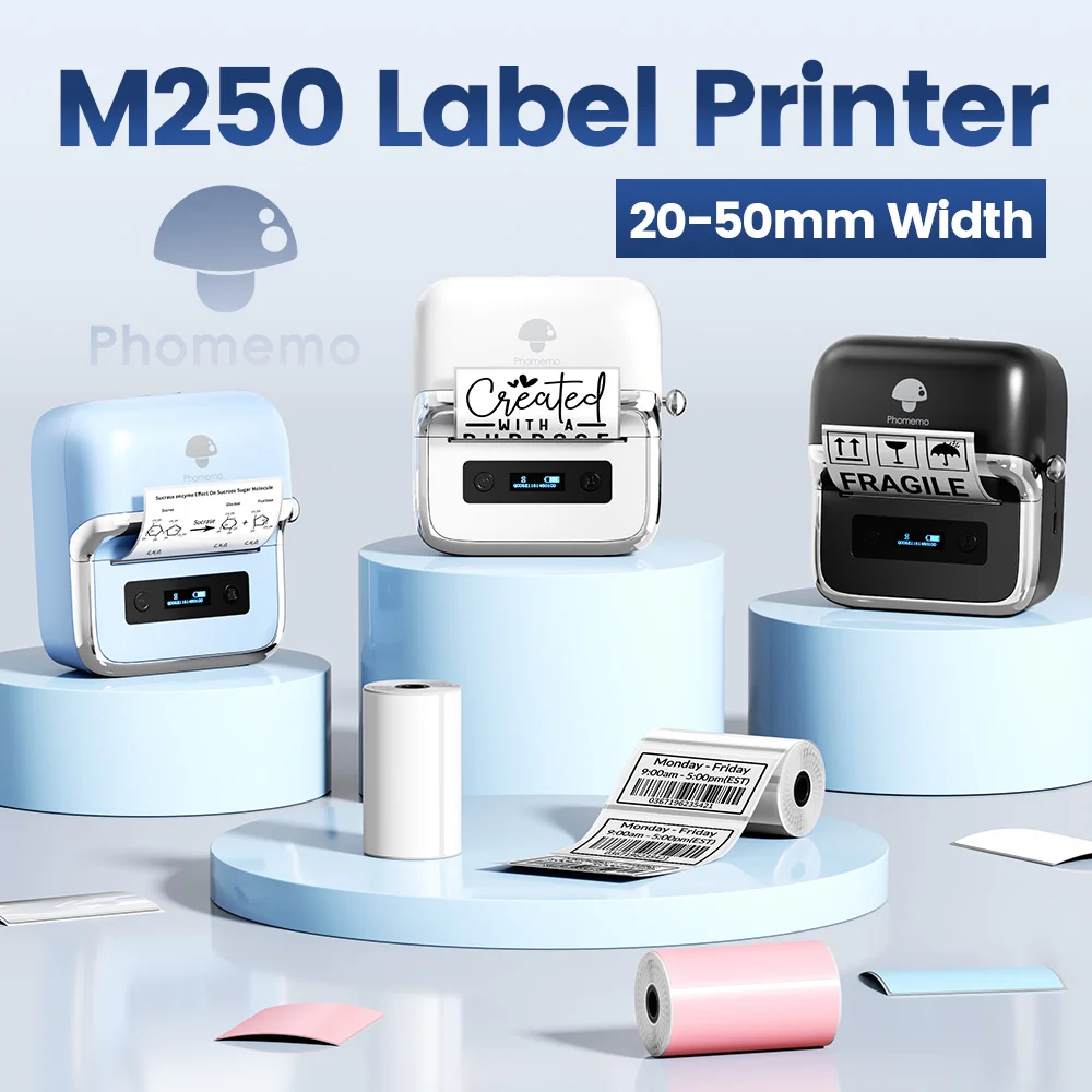 Phomemo M250 Label Printer 20-75mm Thermal Label Maker 2025 Upgrade Portable Barcode Printer for Phones & PC Sticker Printer