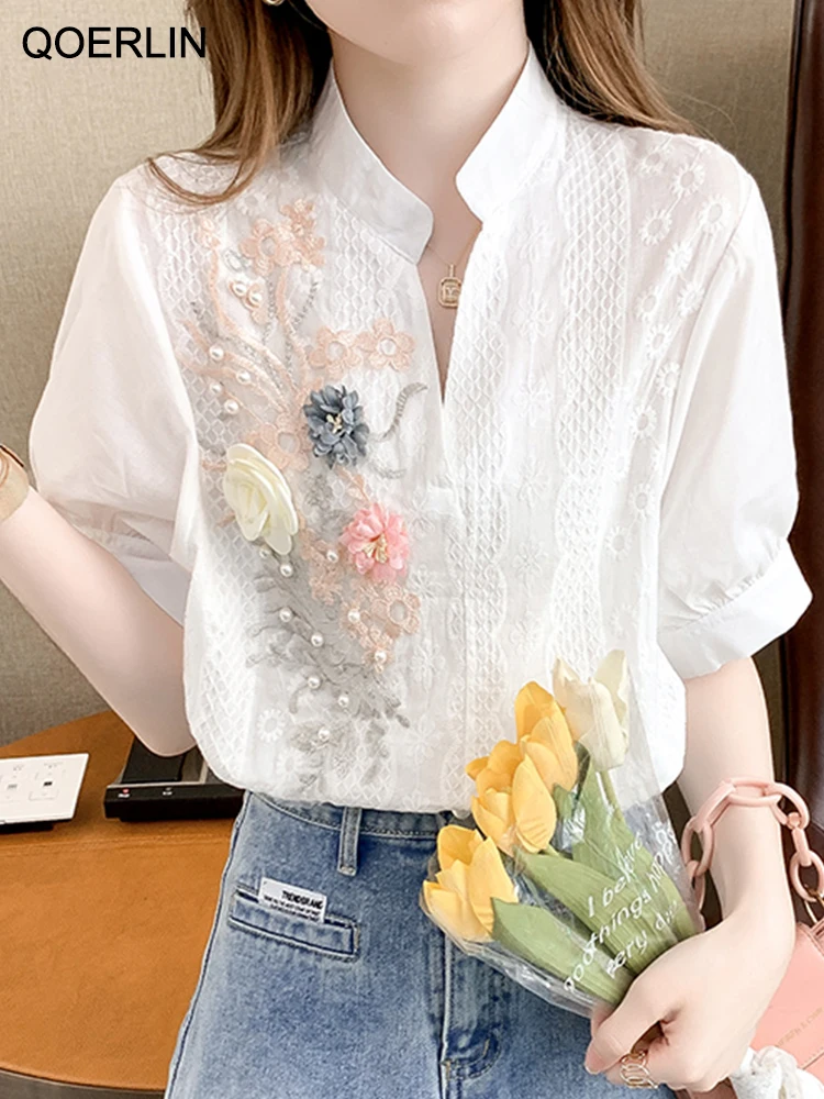 QOERLIN 3D Floral Shirts Women Vintage Embroidered Half Sleeve Loose Casual Lace White Shirts Female Hollow Out Tops Blouses