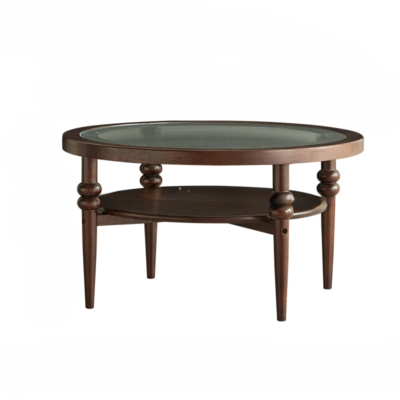 

American Style Solid Wood round Coffee Table Glass Surface Modern Simple and Light Luxury French Retro round Tea Table