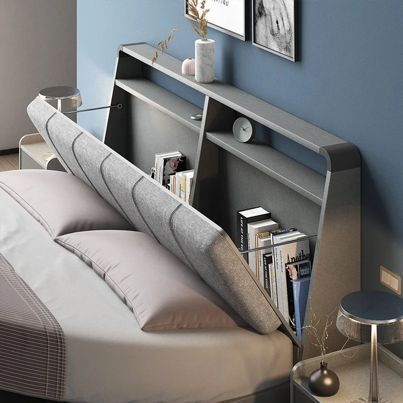 Japanese King Size Lightning Headboard Sleeper Segmented Wooden Led Bed Bedroom with Storage