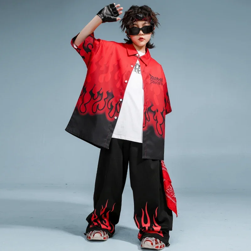 Hip Hop Outfit Jungen Flamme Shirt Street Dance Jogger Hosen Mädchen Feuer Bluse Kinder K-pop Streetwear Kinder Kostüme Kleidung set