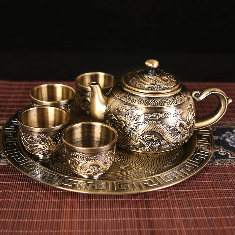 

High-grade Bronze Dragon and Phoenix Tea Set Household Full of 1 pot 4 Cups Tray