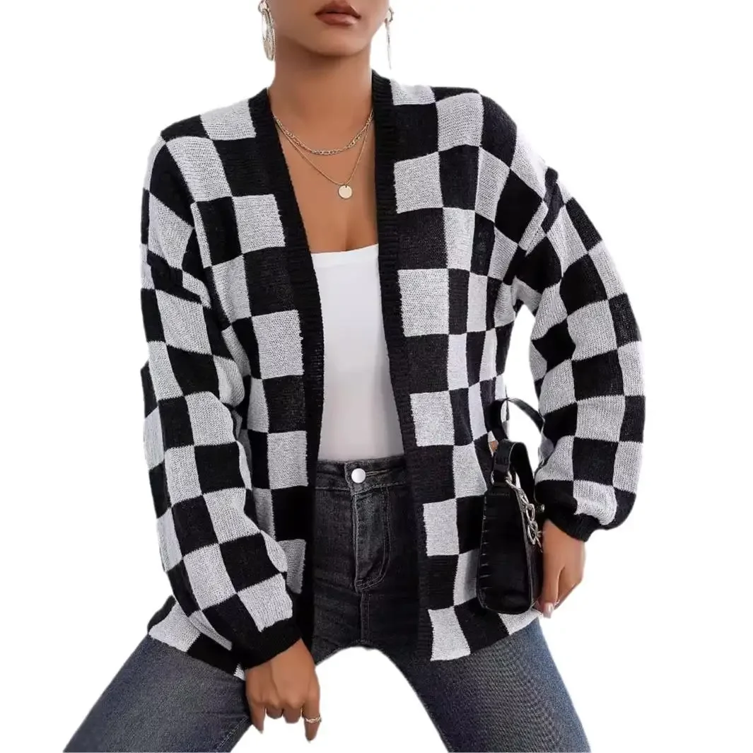 

"Women's Loose Cardigan Sweater Jacket Black White Checkered Casual Long Sleeve Open Front Knit Cover Up Autumn Winter"