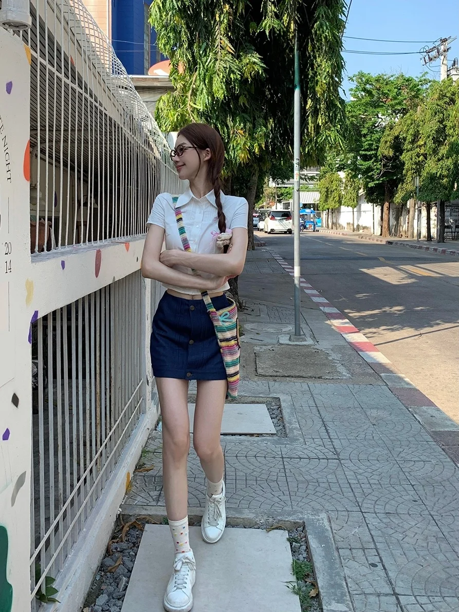 

FHEER Thai Spicy Summer Denim ort Skirt Pants Skirt Long Leg Slimming Women's Versatile Retro Skirt mid Waist Design