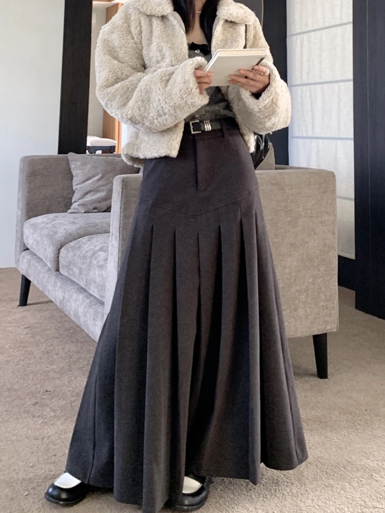 

Qiukichonson Grey Long Skirts Womens Maxi Skirt 2023 Autumn Winter Woolen Skirt Goth Lolita High Waist Ruffle Pleated Skirts