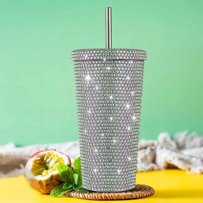 Women Glitter Cup Water Bottle Double Layer Thermos Cups Rhinestone Stainless Steel Gift 500ml Reusable Straw Cup with Lid