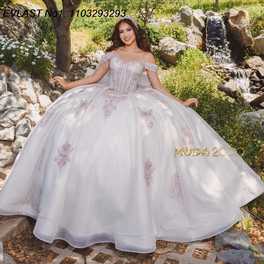 

EVLAST Customized Shiny Ivory Ball Gown Quinceanera Dress Pink Lace Applique Beading Bow Sweet 16 Vestidos De 15 Anos E1Q952