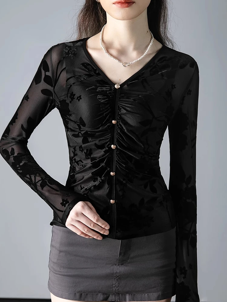 Camiseta feminina de malha luxuosa com decote em v, blusa perspectiva preta, manga comprida, estilo chinês, moda sexy, primavera e outono